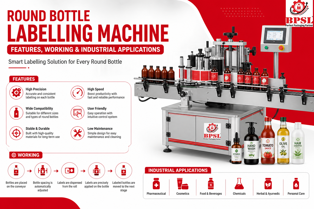 round bottle labelling machine: features, working and industrial applications